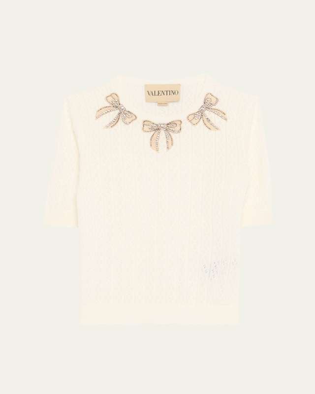 Crystal Bow Collar Short-Sleeve Pointelle Knit Top